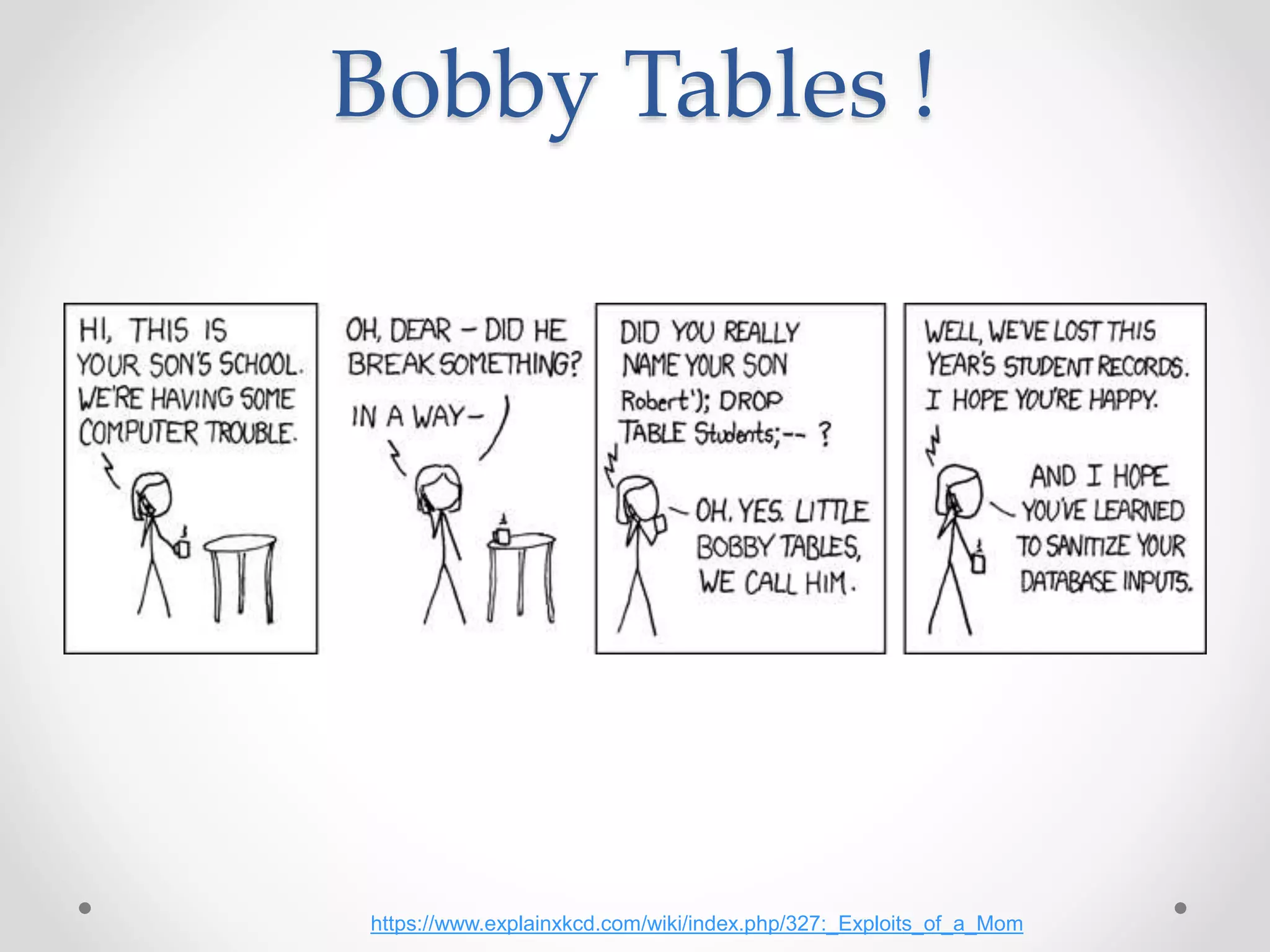 Bobby Tables !
https://www.explainxkcd.com/wiki/index.php/327:_Exploits_of_a_Mom
 