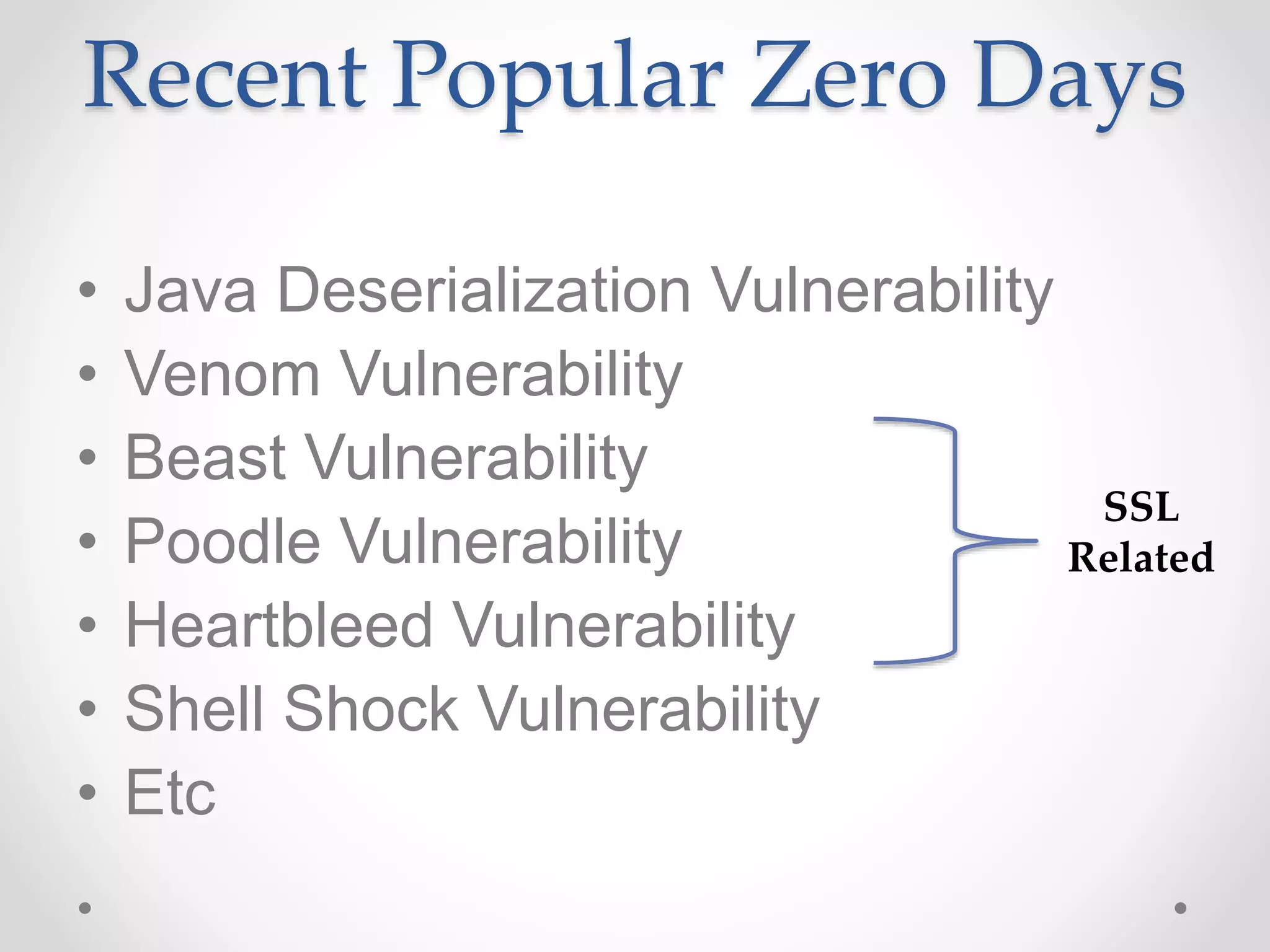 Recent Popular Zero Days
• Java Deserialization Vulnerability
• Venom Vulnerability
• Beast Vulnerability
• Poodle Vulnerability
• Heartbleed Vulnerability
• Shell Shock Vulnerability
• Etc
SSL
Related
 