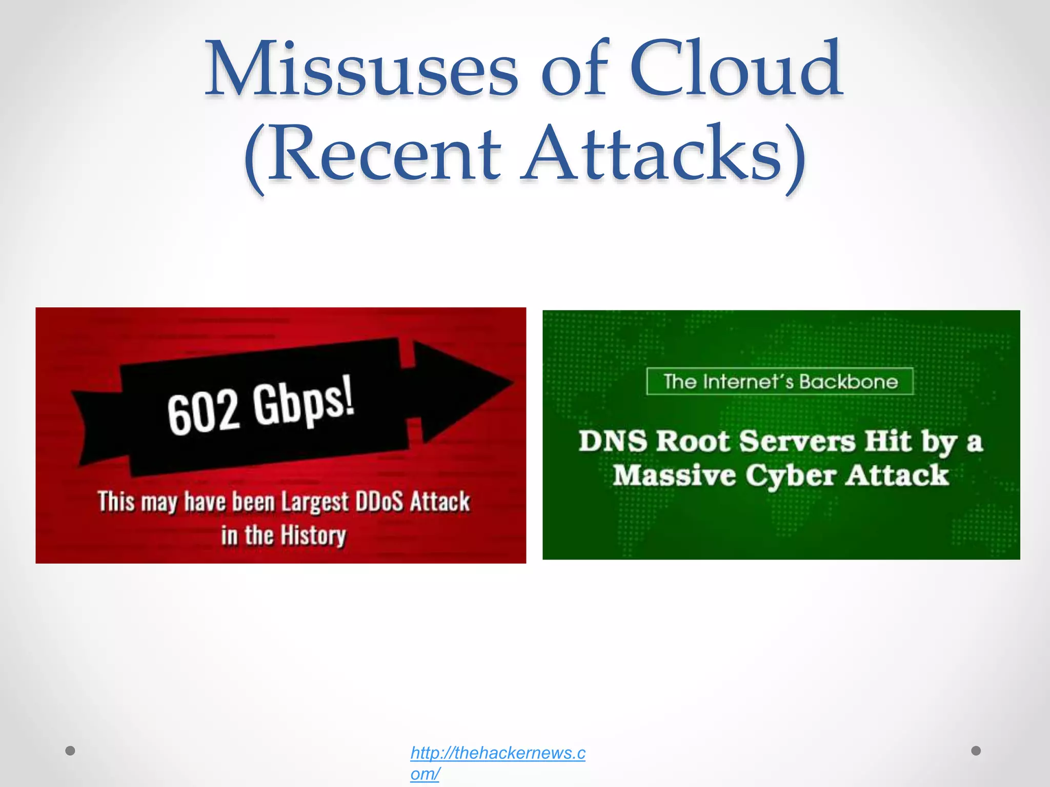 Missuses of Cloud
(Recent Attacks)
http://thehackernews.c
om/
 