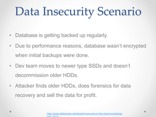 Data Insecurity Scenario
• Database is getting backed up regularly.
• Due to performance reasons, database wasn’t encrypted
when initial backups were done.
• Dev team moves to newer type SSDs and doesn’t
decommission older HDDs.
• Attacker finds older HDDs, does forensics for data
recovery and sell the data for profit.
http://www.slideshare.net/akashm/security-in-the-cloud-workshop-
 