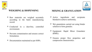 WEIGHING & DISPENSING
 Raw materials are weighed accurately
according to the batch manufacturing
record.
 Conducted in a dust-free, controlled
environment.
 Prevents contamination and ensures correct
formulation.
 Documentation maintained as per SOPs.
MIXING & GRANULATION
 Active ingredients and excipients
blended to achieve uniformity.
 Wet granulation carried out using binder
solution to form granules.
 Equipment: Rapid Mixer Granulator
(RMG).
 Ensures proper flow properties and
compression characteristics.
 