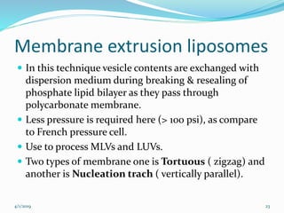 Membrane extrusion liposomes
 In this technique vesicle contents are exchanged with
dispersion medium during breaking & resealing of
phosphate lipid bilayer as they pass through
polycarbonate membrane.
 Less pressure is required here (> 100 psi), as compare
to French pressure cell.
 Use to process MLVs and LUVs.
 Two types of membrane one is Tortuous ( zigzag) and
another is Nucleation trach ( vertically parallel).
4/1/2019 23
 