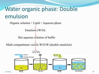 Water organic phase: Double
emulsion
Organic solution + Lipid + Aqueous phase
Emulsion (W/O)
Hot aqueous solution of buffer
Multi compartment vesicle W/O/W (double emulsion)
LUVs
4/1/2019 28
 