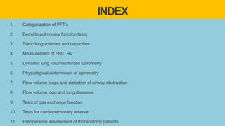 INDEX
1. Categorization of PFT’s
2. Bedside pulmonary function tests
3. Static lung volumes and capacities
4. Measurement of FRC, RV
5. Dynamic lung volumes/forced spirometry
6. Physiological determinant of spirometry
7. Flow volume loops and detection of airway obstruction
8. Flow volume loop and lung diseases
9. Tests of gas exchange function
10. Tests for cardiopulmonary reserve
11. Preoperative assessment of thoracotomy patients
 