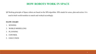 8
HOW ROBOTS WORK IN SPACE
 Working principle of Space robots are based on the SPA algorithm. SPA stands for sense, plan and action. It is
used in built world modules to match and worked accordingly.
FLOW CHART:
1. SENSING
2. WORLD MODELLING
3. PLANNING
4. CONTROL
5. EXECUTION
 