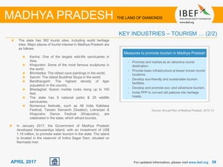 5959APRIL 2017 For updated information, please visit www.ibef.org
KEY INDUSTRIES – TOURISM … (2/2)
Source: Annual Plan of Madhya Pradesh, 2012-13
MADHYA PRADESH THE LAND OF DIAMONDS
The state has 382 tourist sites, including world heritage
sites. Major places of tourist interest in Madhya Pradesh are
as follows:
Kanha: One of the largest wild-life sanctuaries in
Asia.
Khajuraho: Some of the most famous sculptures in
the world.
Bhimbetka: The oldest cave paintings in the world.
Sanchi: The oldest Buddhist Stupa in the world.
Bandhavgarh: The highest density of tiger
population in the country.
Bhedaghat: Scenic marble rocks rising up to 100
feet.
The state has 9 national parks & 25 wildlife
sanctuaries.
Numerous festivals, such as All India Kalidasa
Festival, Tansen Samaroh (Gwalior), Lokranjan &
Khajuraho Dance Festival (Khajuraho), are
celebrated in the state, which attract tourists.
Measures to promote tourism in Madhya Pradesh
• Promote and market as an attractive tourist
destination.
• Provide basic infrastructure at lesser known tourist
locations.
• Develop eco-friendly and sustainable tourism
facilities.
• Develop and promote eco- and adventure tourism.
• Invite PPP to convert old palaces into heritage
hotels.
In January 2017, the Government of Madhya Pradesh
developed Hanuwantiya Island, with an investment of US$
1.19 million, to promote water tourism in the state. The island
is located in the reservoir of Indira Sagar Dam, situated on
Narmada river.
 
