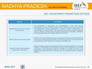 6969APRIL 2017 For updated information, please visit www.ibef.org
KEY INVESTMENT PROMOTION OFFICES
MADHYA PRADESH THE LAND OF DIAMONDS
Agency Description
Department of Commerce, Industry
& Employment
• The department is responsible for industrialisation in the state through
development of small, medium and large scale industries and new investments.
The department is also responsible for creation of basic infrastructure and
development of industrial parks. The department has several support institutions
such as Madhya Pradesh State Industrial Development Corporation (MPSIDC)
and Audhyogik Kendra Vikas Nigam (AKVN) in six cities.
District Trade and Industries Centre
• District Trade and Industries Centres are district-level offices of the Department of
Commerce, Industry and Employment of the state government. These centres are
empowered to provide clearance for setting up industrial units.
Madhya Pradesh State Industrial
Development Corporation
• Madhya Pradesh State Industrial Development Corporation (MPSIDC) is a support
institution of Department of Commerce, Industry and Employment of the state
government. The organisation had the mandate to promote the state as an
industrial destination and help companies set up and expand industries in Madhya
Pradesh.
 