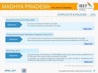 7474APRIL 2017
Special Economic Zone Policy 2000
• To promote development of SEZs in the state.
• To increase employment opportunities in the state.
Read more
Objectives
For updated information, please visit www.ibef.org
STATE ACTS & POLICIES … (3/3)
MADHYA PRADESH THE LAND OF DIAMONDS
Analog Semiconductor Fabrication Investment Policy 2015
• To increase the flow of investments in the field of electronics manufacturing in the state.
• Maximising employment generation opportunities and promoting establishment of FAB units.
Objectives
BPO Policy 2014
• To boost the flow of investments in the BPO/BPM industry along with promoting establishment of
IT/ITeS units in the urban as well as rural areas in the state.
• To generate and maximise employment opportunities for youth as well as development and
infrastructure opportunities in smaller cities in the state.
Read more
Objectives
Source: MP Trade & Investment Facilitation Corp. Ltd.,
Read more
 