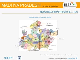 3939JUNE 2017 For updated information, please visit www.ibef.org
INDUSTRIAL INFRASTRUCTURE … (4/4)
MADHYA PRADESH THE LAND OF DIAMONDS
Industrial clusters in Madhya Pradesh
Bhopal
Gwalior
Rewa
Sagar
Indore
Jabalpur
Source: Maps of India, Madhya Pradesh State Industrial Development Corporation
 