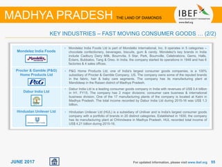 5555JUNE 2017
Mondelez India Foods
Procter & Gamble (P&G)
Home Products Ltd
Dabur India Ltd
Hindustan Unilever Ltd
For updated information, please visit www.ibef.org
• Mondelez India Foods Ltd is part of Mondelēz International, Inc. It operates in 5 categories –
chocolate confectionery, beverages, biscuits, gum & candy. Mondelez's key brands in India
include Cadbury Dairy Milk, Bournvita, 5 Star, Perk, Bournville, Celebrations, Gems, Halls,
Éclairs, Bubbaloo, Tang & Oreo. In India, the company started its operations in 1948 and has 6
factories & 4 sales offices.
• P&G Home Products Ltd, one of India's largest consumer goods companies, is a 100%
subsidiary of Procter & Gamble Company, US. The company owns some of the reputed brands
in the fabric, hair & baby care segments. The company has its manufacturing plant at
Mandideep in the Raisen district of Madhya Pradesh.
• Dabur India Ltd is a leading consumer goods company in India with revenues of US$ 0.4 billion
in H1, FY15. The company has 2 major divisions: consumer care business & international
business division. One of the 17 manufacturing plants of the company is located at Katni in
Madhya Pradesh. The total income recorded by Dabur India Ltd during 2015-16 was US$ 1.3
billion.
• Hindustan Unilever Ltd (HUL) is a subsidiary of Uniliver and is India's largest consumer goods
company with a portfolio of brands in 20 distinct categories. Established in 1930, the company
has its manufacturing plant at Chhindwara in Madhya Pradesh. HUL recorded total income of
US$ 4.21 billion during 2015-16.
KEY INDUSTRIES – FAST MOVING CONSUMER GOODS … (2/2)
MADHYA PRADESH THE LAND OF DIAMONDS
 