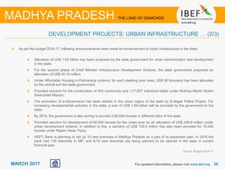 26For updated information, please visit www.ibef.org
MADHYA PRADESH THE LAND OF DIAMONDS
MARCH 2017
DEVELOPMENT PROJECTS: URBAN INFRASTRUCTURE … (2/3)
As per the budget 2016-17, following announcements were made for enhancement of urban infrastructure in the state:
Allocation of US$ 1.63 billion has been proposed by the state government for urban administration and development
in the state.
For the second phase of Chief Minister Infrastructure Development Scheme, the state government proposed an
allocation of US$ 42.10 million.
Under Affordable Housing in Partnership scheme, for each dwelling slum area, US$ 86 thousand has been allocated
by the central and the state government.
Provided sanction for the construction of 634 community and 1,77,807 individual toilets under Mukhya Mantri Shahri
Swacchata Mission.
The promotion of e-Governance has been started in the urban region of the state by E-Nagar Palika Project. For
increasing developmental activities in the state, a sum of US$ 1.09 billion will be provided by the government to the
state.
By 2018, the government is also aiming to provide 5,00,000 houses in different cities of the state.
Provided sanction for development of 60,000 houses for the urban poor by an allocation of US$ 248.8 million under
urban development scheme. In addition to this, a sanction of US$ 139.5 million has also been provided for 15,340
houses under Rajeev Awas Yojna.
HDFC Bank is planning to set up 10 new branches in Madhya Pradesh as a part of its expansion plan. In 2016 the
bank had 130 branches in MP, and 8-10 new branches are being planned to be opened in the state in current
financial year.
Source: Budget 2016-17
 