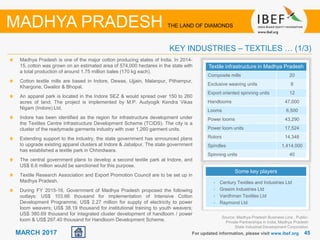 4545MARCH 2017 For updated information, please visit www.ibef.org
KEY INDUSTRIES – TEXTILES … (1/3)
Source: Madhya Pradesh Business Line , Public-
Private Partnerships in India, Madhya Pradesh
State Industrial Development Corporation
MADHYA PRADESH THE LAND OF DIAMONDS
Madhya Pradesh is one of the major cotton producing states of India. In 2014-
15, cotton was grown on an estimated area of 574,000 hectares in the state with
a total production of around 1.75 million bales (170 kg each).
Cotton textile mills are based in Indore, Dewas, Ujjain, Malanpur, Pithampur,
Khargone, Gwalior & Bhopal.
An apparel park is located in the Indore SEZ & would spread over 150 to 260
acres of land. The project is implemented by M.P. Audyogik Kendra Vikas
Nigam (Indore) Ltd.
Indore has been identified as the region for infrastructure development under
the Textiles Centre Infrastructure Development Scheme (TCIDS). The city is a
cluster of the readymade garments industry with over 1,260 garment units.
Extending support to the industry, the state government has announced plans
to upgrade existing apparel clusters at Indore & Jabalpur. The state government
has established a textile park in Chhindwara.
The central government plans to develop a second textile park at Indore, and
US$ 6.6 million would be sanctioned for this purpose.
Textile Research Association and Export Promotion Council are to be set up in
Madhya Pradesh.
During FY 2015-16, Government of Madhya Pradesh proposed the following
outlays: US$ 103.66 thousand for implementation of Intensive Cotton
Development Programme; US$ 2.27 million for supply of electricity to power
loom weavers; US$ 38.19 thousand for institutional training to youth weavers;
US$ 380.69 thousand for integrated cluster development of handloom / power
loom & US$ 297.40 thousand for Handloom Development Scheme.
Some key players
• Century Textiles and Industries Ltd
• Grasim Industries Ltd
• Vardhman Textiles Ltd
• Raymond Ltd
Textile infrastructure in Madhya Pradesh
Composite mills 20
Exclusive weaving units 8
Export oriented spinning units 12
Handlooms 47,000
Looms 6,500
Power looms 43,290
Power loom units 17,524
Rotors 14,348
Spindles 1,414,000
Spinning units 40
 