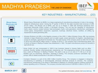 5353MARCH 2017 For updated information, please visit www.ibef.org
KEY INDUSTRIES – MANUFACTURING … (2/2)
MADHYA PRADESH THE LAND OF DIAMONDS
Bharat Heavy
Electricals Ltd
Kirloskar Brothers Ltd
Kores (I) Ltd
Crompton Greaves
• Bharat Heavy Electricals Ltd (BHEL) is a large engineering & manufacturing enterprise in India in the energy-
related & infrastructure sector. During the 3rd quarter of 2015-16, the state recorded total revenues of US$
813.57 million. The Bhopal unit of BHEL was set up in Piplani in 1956 with technical assistance from
Associated Electricals (India) Limited, a UK-based company. The unit has the capability to manufacture
hydro, steam, marine, nuclear turbines, heat exchangers, hydro, turbo generators, transformers, switchgears,
control gears, transportation equipment, capacitors, bushings, electrical motors, rectifiers, oil drilling rig
equipments & diesel generating sets.
• Kirloskar Brothers Ltd (KBL) is the flagship company of the US$ 2.1 billion Kirloskar Group. KBL has business
interests in large infrastructure projects such as water supply, power generation & irrigation, manufacturing of
pumps for domestic, agricultural & industrial use. The total income of the company stood at US$ 416.72 million
in 2015-16 & US$ 262.62 million during 1st quarter of 2016-17. The company has 6 manufacturing plants, one
of which at Dewas in Madhya Pradesh was established in 1962. The plant manufactures pumps for domestic &
agricultural use.
• Kores (India) Ltd was incorporated in 1936 & has business interest in diverse fields such as office
products, foundry, textiles, pharmaceuticals, engineering, etc. The engineering division of the company
has a plant at Pithampur in Madhya Pradesh. The plant is set up on an area of 71,192 sq m & has
facilities such as machining, fabrication, assembly & testing. The company produces hydrostatic rigs,
pumps, drills & related accessories in the plant at Pithampur.
• Crompton Greaves is a part of the US$ 4 billion Avantha Group. The company is engaged in designing,
manufacturing & marketing of technologically advanced electrical products & services. The company
manufactures transformers at its plants in Mandideep & Malanpur & industrial systems (rotating machines &
railway signalling unit) in Pithampur. The company recorded total income of US$ 805.4 million in 2015-16.
 