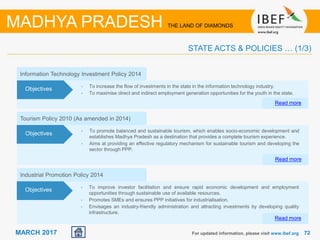 7272MARCH 2017
Tourism Policy 2010 (As amended in 2014)
• To promote balanced and sustainable tourism, which enables socio-economic development and
establishes Madhya Pradesh as a destination that provides a complete tourism experience.
• Aims at providing an effective regulatory mechanism for sustainable tourism and developing the
sector through PPP.
Read more
Objectives
Information Technology Investment Policy 2014
• To increase the flow of investments in the state in the information technology industry.
• To maximise direct and indirect employment generation opportunities for the youth in the state.
Read more
Objectives
Industrial Promotion Policy 2014
• To improve investor facilitation and ensure rapid economic development and employment
opportunities through sustainable use of available resources.
• Promotes SMEs and ensures PPP initiatives for industrialisation.
• Envisages an industry-friendly administration and attracting investments by developing quality
infrastructure.
Read more
Objectives
For updated information, please visit www.ibef.org
STATE ACTS & POLICIES … (1/3)
MADHYA PRADESH THE LAND OF DIAMONDS
 