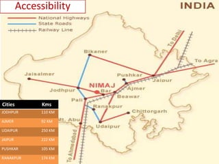 Accessibility
Cities Kms
JODHPUR 110 KM
AJMER 92 KM
UDAIPUR 250 KM
JAIPUR 222 KM
PUSHKAR 105 KM
RANAKPUR 174 KM
 