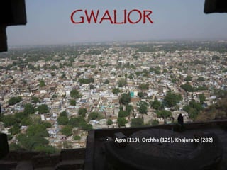 GWALIOR
• Agra (119), Orchha (125), Khajuraho (282)
 