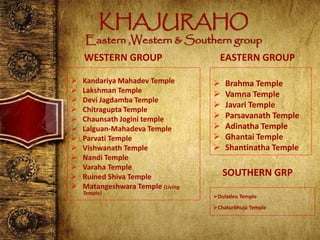 KHAJURAHO
Eastern ,Western & Southern group
WESTERN GROUP
 Kandariya Mahadev Temple
 Lakshman Temple
 Devi Jagdamba Temple
 Chitragupta Temple
 Chaunsath Jogini temple
 Lalguan-Mahadeva Temple
 Parvati Temple
 Vishwanath Temple
 Nandi Temple
 Varaha Temple
 Ruined Shiva Temple
 Matangeshwara Temple (Living
Temple)
EASTERN GROUP
 Brahma Temple
 Vamna Temple
 Javari Temple
 Parsavanath Temple
 Adinatha Temple
 Ghantai Temple
 Shantinatha Temple
SOUTHERN GRP
Duladeo Temple
Chaturbhuja Temple
 