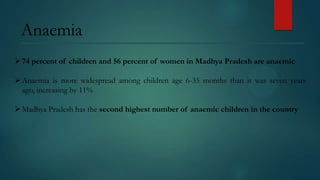 Anaemia
 74 percent of children and 56 percent of women in Madhya Pradesh are anaemic
 Anaemia is more widespread among children age 6-35 months than it was seven years
ago, increasing by 11%
 Madhya Pradesh has the second highest number of anaemic children in the country

 