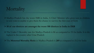 Mortality
 Madhya Pradesh has the worst IMR in India. A Chief Minister who gives toys to children
to win votes is unable to give them the chance to survive the first year of birth
 30 of our districts are amongst the worst 100 districts in India in IMR
 The Under 5 Mortality rate for Madhya Pradesh is 86 as compared to 55 for India. It is the
highest in the country after Uttar Pradesh

 The Maternal Mortality Ratio in Madhya Pradesh is 269 as compared to 212 for India

 