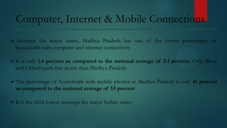 Computer, Internet & Mobile Connections
 Amongst the major states, Madhya Pradesh has one of the lowest percentages of
households with computer and internet connectivity
 It is only 1.4 percent as compared to the national average of 3.1 percent. Only Bihar
and Chhattisgarh fare worse than Madhya Pradesh
 The percentage of households with mobile phones in Madhya Pradesh is only 41 percent
as compared to the national average of 53 percent
 It is the third lowest amongst the major Indian states

 