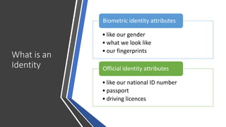 What is an
Identity
• like our gender
• what we look like
• our fingerprints
Biometric identity attributes
• like our national ID number
• passport
• driving licences
Official identity attributes
 