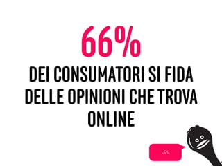 66%
DEI CONSUMATORI SI FIDA
DELLE OPINIONI CHETROVA
ONLINE
11
LOL
 