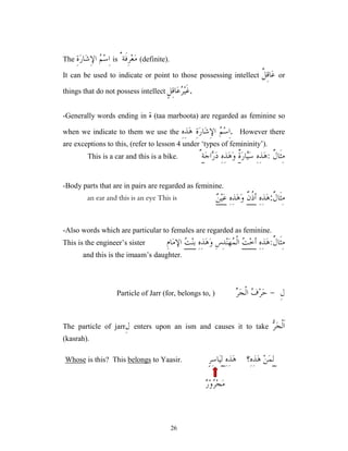 26
The 
‫ﻢ‬‫ﺳ‬ِ‫ﺍ‬
ِ‫ﺓ‬‫ﺭ‬‫ﺎ‬‫ﺷ‬ِ‫ﻹ‬‫ﺍ‬ is ‫ﹶﺔ‬‫ﻓ‬ِ‫ﺮ‬‫ﻌ‬‫ﻣ‬
ٌ (definite).
It can be used to indicate or point to those possessing intellect ‫ﹲ‬
‫ﻞ‬ِ‫ﻗ‬‫ﺎ‬‫ﻋ‬ or
things that do not possess intellect ٍ‫ﻞ‬ِ‫ﻗ‬‫ﺎ‬‫ﻋ‬
‫ﺮ‬‫ﻴ‬‫ﹶ‬‫ﻏ‬.
-Generally words ending in ‫ﺓ‬ (taa marboota) are regarded as feminine so
when we indicate to them we use the 
‫ﻢ‬‫ﺳ‬ِ‫ﺍ‬
ِ‫ﺓ‬‫ﺭ‬‫ﺎ‬‫ﺷ‬ِ‫ﻹ‬‫ﺍ‬
ِ‫ﻩ‬ِ‫ﺬ‬‫ﻫ‬ . However there
are exceptions to this, (refer to lesson 4 under ‘types of femininity’).
‫ﹲ‬
‫ﻝ‬‫ﹶﺎ‬‫ﺜ‬ِ‫ﻣ‬
:
‫ﺭ‬‫ﺎ‬
‫ﻴ‬‫ﺳ‬ ِ‫ﻩ‬ِ‫ﺬ‬‫ﻫ‬
‫ﹲ‬
‫ﺓ‬
‫ﺟ‬‫ﺍ‬
‫ﺭ‬‫ﺩ‬ ِ‫ﻩ‬ِ‫ﺬ‬‫ﻫ‬‫ﻭ‬
‫ﺔ‬
ٌ
This is a car and this is a bike.
-Body parts that are in pairs are regarded as feminine.
‫ﹲ‬
‫ﻝ‬‫ﹶﺎ‬‫ﺜ‬ِ‫ﻣ‬
:
ِ‫ﻩ‬ِ‫ﺬ‬‫ﻫ‬
‫ﹲ‬
‫ﻥ‬‫ﹸ‬
‫ﺫ‬‫ﺃ‬
ِ‫ﻩ‬ِ‫ﺬ‬‫ﻫ‬‫ﻭ‬

‫ﻦ‬‫ﻴ‬‫ﻋ‬
This is
an ear and this is an eye
-Also words which are particular to females are regarded as feminine.
‫ﹲ‬
‫ﻝ‬‫ﹶﺎ‬‫ﺜ‬ِ‫ﻣ‬
:
ِ‫ﻩ‬ِ‫ﺬ‬‫ﻫ‬

‫ﺖ‬‫ﺧ‬‫ﺃ‬

‫ﻤ‬‫ﹾ‬‫ﻟ‬‫ﺍ‬
ِ‫ﻩ‬ِ‫ﺬ‬‫ﻫ‬‫ﻭ‬ ِ‫ﺱ‬ِ‫ﺪ‬‫ﻨ‬‫ﻬ‬

‫ﺖ‬‫ﻨ‬ِ‫ﺑ‬
ِ‫ﻡ‬‫ﺎ‬‫ﻣ‬‫ﺍﻹ‬
This is the engineer’s sister
and this is the imaam’s daughter.
ِ‫ﻝ‬
-

‫ﺮ‬‫ﺠ‬‫ﹾ‬‫ﻟ‬‫ﺍ‬ 
‫ﻑ‬‫ﺮ‬‫ﺣ‬
Particle of Jarr (for, belongs to, )
The particle of jarrِ‫ﻝ‬ enters upon an ism and causes it to take 
‫ﺮ‬‫ﺠ‬‫ﹾ‬‫ﻟ‬‫ﹶ‬‫ﺍ‬
(kasrah).
ِ‫ﻟ‬
‫ِ؟‬‫ﻩ‬ِ‫ﺬ‬‫ﻫ‬ ‫ﻦ‬‫ﻤ‬
ِ‫ﻩ‬ِ‫ﺬ‬‫ﻫ‬
ِ‫ﻟ‬
ٍ‫ﺮ‬ِ‫ﺳ‬‫ﺎ‬‫ﻴ‬
.
Yaasir
to
belongs
This
?
is this
Whose

‫ﺭ‬‫ﻭ‬
‫ﺮ‬‫ﺠ‬‫ﻣ‬
 