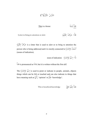 4

‫ﺪ‬‫ﺍﻟ‬

‫ﺱ‬‫ﺭ‬
‫ﹸ‬
‫ﻝ‬
‫ﻭ‬َ‫ﻷ‬‫ﺍ‬
(١)
‫ﻫ‬
‫ﹶ‬‫ﺬ‬
‫ﹾ‬‫ﺍ‬

‫ﺖ‬‫ﻴ‬‫ﺑ‬
is a house
This
‫ﹾ‬‫ﺎ‬‫ﻫ‬
-
ِ‫ﻪ‬‫ﻴ‬ِ‫ﺒ‬‫ﻨ‬
‫ﺘ‬‫ِﻠ‬‫ﻟ‬ 
‫ﻑ‬‫ﺮ‬‫ﺣ‬
Letter to bring to attention or alert

‫ﻑ‬‫ﺮ‬‫ﺣ‬
ِ‫ﻪ‬‫ﻴ‬ِ‫ﺒ‬‫ﻨ‬
‫ﺘ‬‫ِﻠ‬‫ﻟ‬ is a letter that is used to alert or to bring to attention the
person who is being addressed and it is mostly connected to ِ‫ﺓ‬‫ﺭ‬‫ﺎ‬‫ﺷ‬ِ‫ﻹ‬‫ﺍ‬ ُ
‫ﺀ‬‫ﺎ‬‫ﻤ‬‫ﺳ‬‫ﹶ‬‫ﺃ‬
(nouns of indication).
‫ﹾ‬‫ﺍ‬‫ﹶ‬‫ﺫ‬
-
ِ‫ﻹ‬‫ﺍ‬ 
‫ﻢ‬‫ﺳ‬ِ‫ﺍ‬
ِ‫ﺓ‬‫ﺭ‬‫ﺎ‬‫ﺷ‬
noun of indication
‫ﹾ‬‫ﺍ‬‫ﹶ‬‫ﺬ‬‫ﻫ‬ is pronounced as ‫ﹶﺍ‬‫ﺫ‬‫ﺎ‬‫ﻫ‬, but it is written without the first alif.
The ِ‫ﺓ‬‫ﺭ‬‫ﺎ‬‫ﺷ‬ِ‫ﻹ‬‫ﺍ‬ 
‫ﻢ‬‫ﺳ‬ِ‫ﺍ‬ is used to point or indicate to people, animals, objects
things which can be felt or touched and can also indicate to things that
have meaning such as 
‫ﻱ‬‫ﹾ‬‫ﺃ‬‫ﺭ‬ ‘opinion’ or 
‫ﻢ‬‫ﹾ‬‫ﻠ‬ِ‫ﻋ‬ ‘knowledge’.
‫ﹾ‬‫ﺍ‬‫ﹶ‬‫ﺬ‬‫ﻫ‬

‫ﻢ‬‫ﹾ‬‫ﻠ‬ِ‫ﻋ‬

‫ﻊ‬ِ‫ﻓ‬‫ﺎ‬‫ﻧ‬
This is beneficial knowledge
 