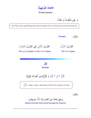 ‫ﹸ‬
‫ﺔ‬
‫ﻴ‬ِ
‫ﺒ‬‫ﻴ‬ِ
‫ﺘ‬‫ﺭ‬‫ﱠ‬
‫ﺘ‬‫ﺍﻝ‬ 
‫ﺩ‬‫ﺍ‬
‫ﺩ‬‫ﻋ‬‫ﺍﻷ‬
.
‫ﹲ‬
‫ﺕ‬‫ﻌ‬‫ﹶ‬‫ﻨ‬ 
‫ﻭ‬ ‫ﹲ‬
‫ﺕ‬‫ﻭ‬
‫ﻌ‬‫ﹾ‬‫ﻨ‬
‫ﻤ‬ ‫ﻫﻲ‬ ‫ﻭ‬
.
‫ﻤﺜﺎل‬
:

‫ﺱ‬‫ﺭ‬
‫ﺩ‬‫ﺍﻝ‬
ُ
‫ل‬
‫ﻭ‬‫ﺍﻷ‬
.

‫ﺱ‬‫ﺭ‬
‫ﺩ‬‫ﺍﻝ‬
‫ِﻲ‬
‫ﻨ‬‫ﱠﺎ‬
‫ﺜ‬‫ﺍﻝ‬

‫ﺱ‬‫ﺭ‬
‫ﺩ‬‫ﺍﻝ‬ ‫ﺇﻝﻰ‬

‫ﺭ‬ِ
‫ﺸ‬‫ﺍﻝﻌﺎ‬
.

‫ﻥ‬‫ﻷ‬
Because

‫ﻥ‬‫ﻷ‬
=
ِ
‫ل‬
+

‫ﻥ‬َ‫ﺃ‬
.
‫ﻭ‬
)

‫ﻥ‬َ‫ﺃ‬
(
ِ
‫ﺕ‬‫ﹶﻭﺍ‬‫ﺨ‬‫ﺃ‬ ‫ﻤﻥ‬
)

‫ﻥ‬ِ
‫ﺇ‬
(
‫ﻤﺜﺎل‬
:
ِِ
‫ﺔ‬
‫ﺴ‬
‫ﺭ‬‫ﺍﻝﻤﺩ‬ 
‫ﻥ‬ِ
‫ﻤ‬ 
‫ﺩ‬ِ
‫ﻤ‬‫ﺤﺎ‬ 
‫ﻊ‬
‫ﺠ‬
‫ﺭ‬

‫ﻪ‬‫ﱠ‬
‫ﻨ‬‫ﻷ‬

‫ﺽ‬‫ِﻴ‬
‫ﺭ‬
‫ﻤ‬
.
Hamid returned from school because he is poorly.
Ordinal numbers
Example
The second lesson, to the tenth lesson. The First lesson.

‫ﻥ‬‫ﻷ‬ = laam + anna. And anna is from the sisters of inna.
And they are a qualifying noun and an adjective (i.e they act as n’at and man’ut).
 