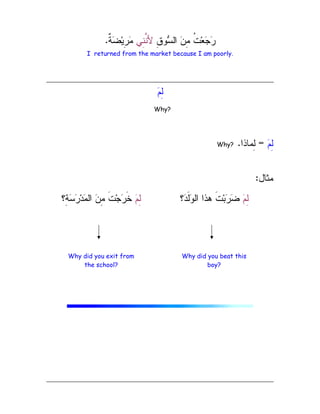 ِ
‫ﻕ‬‫ﻭ‬
‫ﺴ‬‫ﺍﻝ‬ 
‫ﻥ‬ِ
‫ﻤ‬ ‫ﹸ‬
‫ﺕ‬‫ﻌ‬
‫ﺠ‬
‫ﺭ‬
‫ِﻲ‬
‫ﻨ‬‫ﱠ‬
‫ﻨ‬‫ﻷ‬
‫ﹲ‬
‫ﺔ‬
‫ﻀ‬‫ﻴ‬ِ
‫ﺭ‬
‫ﻤ‬
.
I returned from the market because I am poorly.

‫ﻡ‬ِ
‫ﻝ‬

‫ﻡ‬ِ
‫ﻝ‬
=
‫ِﻤﺎﺫﺍ‬
‫ﻝ‬
.
Why?
‫ﻤﺜﺎل‬
:
Why?

‫ﻡ‬ِ
‫ﻝ‬
‫ِ؟‬
‫ﺔ‬
‫ﺴ‬
‫ﺭ‬‫ﺩ‬
‫ﻤ‬‫ﺍﻝ‬ 
‫ﻥ‬ِ
‫ﻤ‬ ‫ﹶ‬‫ﺕ‬‫ﺠ‬
‫ﺭ‬‫ﹶ‬‫ﺨ‬ 
‫ﻡ‬ِ
‫ﻝ‬
‫؟‬
‫ﺩ‬‫ﹶ‬‫ﻝ‬
‫ﻭ‬‫ﺍﻝ‬ ‫ﻫﺫﺍ‬ ‫ﹶ‬‫ﺕ‬‫ﺒ‬
‫ﺭ‬
‫ﻀ‬
Why did you exit from
the school?
Why did you beat this
boy?
 