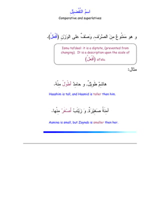 ِ
‫ل‬‫ﻴ‬ِ
‫ﻀ‬‫ﹾ‬‫ﻔ‬‫ﱠ‬
‫ﺘ‬‫ﺍﻝ‬ 
‫ﻡ‬‫ﺍﺴ‬
Comparative and superlatives
ِ
‫ﻑ‬‫ﺭ‬
‫ﺼ‬‫ﺍﻝ‬ 
‫ﻥ‬ِ
‫ﻤ‬ 
‫ﻉ‬‫ﹸﻭ‬
‫ﻨ‬‫ﻤ‬
‫ﻤ‬ ‫ﻫﻭ‬ ‫ﻭ‬
,
ِ
‫ﻥ‬‫ﺯ‬
‫ﻭ‬‫ﺍﻝ‬ ‫ﻋﻠﻰ‬ ‫ﹲ‬
‫ﻑ‬‫ﺼ‬
‫ﻭ‬
)
ُ
‫ل‬
‫ﻌ‬‫ﹾ‬‫ﻓ‬َ‫ﺃ‬
.(
‫ﻤﺜﺎل‬
:
ٌ
‫ل‬‫ﻴ‬ِ
‫ﻭ‬‫ﹶ‬‫ﻁ‬ 
‫ﻡ‬ِ
‫ﺸ‬‫ﻫﺎ‬
,

‫ﺩ‬ِ
‫ﻤ‬‫ﺤﺎ‬ ‫ﻭ‬
ُ
‫ل‬
‫ﻭ‬‫ﹾ‬‫ﻁ‬‫ﺃ‬

‫ﻪ‬‫ﹾ‬‫ﻨ‬ِ
‫ﻤ‬
.

‫ﺭ‬‫ﻴ‬ِ
‫ﻐ‬
‫ﺼ‬ ‫ﹸ‬
‫ﺔ‬‫ﹶ‬‫ﻨ‬ِ
‫ﻤ‬‫ﺁ‬
‫ﹲ‬
‫ﺓ‬
,

‫ﺏ‬‫ﹶ‬‫ﻨ‬‫ﻴ‬
‫ﺯ‬ 
‫ﻭ‬

‫ﺭ‬‫ﹶ‬‫ﻐ‬‫ﺼ‬َ‫ﺃ‬
‫ﹾﻬﺎ‬‫ﻨ‬ِ
‫ﻤ‬
.
Ismu tafdeel: it is a diptote, (prevented from
changing). It is a description upon the scale of
)
ُ
‫ل‬
‫ﻌ‬‫ﹾ‬‫ﻓ‬َ‫ﺃ‬
( af’alu.
Haashim is tall, and Haamid is taller then him.
Aamina is small, but Zaynab is smaller then her.
 