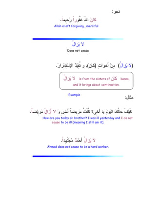‫ﻨﺤﻭ‬
:

‫ﻥ‬‫ﻜﺎ‬
ُ
‫ﷲ‬‫ﺍ‬
‫ﹸﻭ‬
‫ﻔ‬‫ﹶ‬‫ﻏ‬
‫ﹰ‬
‫ﺍ‬‫ﺭ‬
‫ِﻴﻤ‬
‫ﺤ‬
‫ﺭ‬
‫ﹶ‬‫ﺎ‬
.
Allah is oft forgiving , merciful
ُ
‫ل‬‫ﺯﺍ‬
‫ﻴ‬ ‫ﻻ‬
Does not cease
)
ُ
‫ل‬‫ﺯﺍ‬
‫ﻴ‬ ‫ﻻ‬
(
ِ
‫ﺕ‬‫َﺨﻭﺍ‬‫ﺃ‬ ‫ﻥ‬ِ
‫ﻤ‬
)
‫ﻜﺎﻥ‬
(
,

‫ﺭ‬‫ﺭﺍ‬‫ﻤ‬ِ
‫ﺘ‬‫ﺴ‬‫ﺍﻹ‬ 
‫ﺩ‬‫ﻴ‬ِ
‫ﻔ‬‫ﹸ‬
‫ﺘ‬ ‫ﻭ‬
.
‫ﻤﺜﺎل‬
:

‫ﻭ‬ ِ
‫ﺱ‬‫ﻤ‬َ‫ﺃ‬ ‫ﹰ‬
‫ﺎ‬‫ِﻴﻀ‬
‫ﺭ‬
‫ﻤ‬ ‫ﹸ‬
‫ﺕ‬‫ﹾ‬‫ﻨ‬‫ﹸ‬
‫ﻜ‬ ‫ِﻲ؟‬
‫ﺨ‬‫ﺃ‬ ‫ﻴﺎ‬ 
‫ﻡ‬‫ﻭ‬
‫ﻴ‬‫ﺍﻝ‬ 
‫ﻙ‬‫ﹸ‬
‫ﻝ‬‫ﺤﺎ‬ ‫ﹶ‬‫ﻑ‬‫ﻴ‬‫ﹶ‬‫ﻜ‬
ُ
‫ل‬‫َﺯﺍ‬‫ﺃ‬ ‫ﻻ‬
‫ﻀ‬‫ﻴ‬ِ
‫ﺭ‬
‫ﻤ‬
‫ﹰ‬
‫ﺎ‬
.
How are you today oh brother? I was ill yesterday and I do not
cease to be ill (meaning I still am ill).
ُ
‫ل‬‫ﺯﺍ‬
‫ﻴ‬ ‫ﻻ‬

‫ﻤ‬‫ﺤ‬‫ﺃ‬

‫ﺩ‬
‫ِﺩ‬
‫ﻬ‬‫ﹶ‬‫ﺘ‬‫ﺠ‬
‫ﻤ‬
‫ﹰ‬
‫ﺍ‬
.
Ahmad does not cease to be a hard worker.
ُ
‫ل‬‫ﺯﺍ‬
‫ﻴ‬ ‫ﻻ‬ is from the sisters of ‫ﻜﺎﻥ‬ kaana,
and it brings about continuation.
Example
 