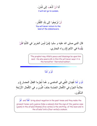 ‫ﺃﻨﺎ‬
‫ﻥ‬‫ﹶ‬‫ﻝ‬

‫ﻫ‬‫ﹾ‬‫ﺫ‬‫ﺃ‬

‫ﺏ‬

‫ﻥ‬
‫ﺩ‬‫ﹾ‬‫ﻨ‬‫ﹶ‬‫ﻝ‬ ‫ﺇﻝﻰ‬
.
I will not go to London.
‫ﻥ‬‫ﹶ‬‫ﻝ‬
‫ﻭ‬
‫ﻌ‬ِ
‫ﺠ‬‫ﺭ‬‫ﹶ‬‫ﺘ‬
‫ﺍ‬
ِ
‫ﺭ‬‫ﱠﺎ‬
‫ﻔ‬‫ﹸ‬
‫ﻜ‬‫ﺍﻝ‬ ِ
‫ﺩ‬‫ﹶ‬‫ﻠ‬
‫ﺒ‬ ‫ﺇﻝﻰ‬
.
You will never return to the
land of the disbelievers.
‫ﺴﻠﻡ‬ ‫ﻭ‬ ‫ﻋﻠﻴﻪ‬ ‫ﺍﷲ‬ ‫ﺼﻠﻰ‬ ‫ﺍﻝﻨﺒﻲ‬ ‫ﻗﺎل‬
) :
‫ﹶ‬‫ﻓ‬ ‫ﹾﻴﺎ‬‫ﻨ‬
‫ﺩ‬‫ﺍﻝ‬ ‫ﻓﻲ‬ 
‫ﺭ‬‫ِﻴ‬
‫ﺭ‬
‫ﺤ‬‫ﺍﻝ‬ 
‫ﺱ‬ِ
‫ﺒ‬‫ﹶ‬‫ﻝ‬ ‫ﻥ‬
‫ﻤ‬
‫ﻥ‬‫ﹶ‬‫ﻠ‬

‫ﺒ‬‫ﹾ‬‫ﻠ‬
‫ﻴ‬

‫ﺴ‬
ِ
‫ﺓ‬
‫ﺭ‬ِ
‫ﺨ‬‫ﺍﻵ‬ ‫ﻓﻲ‬ 
‫ﻪ‬
(
‫ﺍﻝﺒﺨﺎﺭﻱ‬ ‫ﺭﻭﺍﻩ‬
.
‫ﺎ‬
‫ﻤ‬‫ﹶ‬‫ﻝ‬ 
‫ﻭ‬ ‫ﻡ‬‫ﹶ‬‫ﻝ‬
‫ﺎ‬
‫ﻤ‬‫ﹶ‬‫ﻝ‬ 
‫ﻭ‬ ‫ﻡ‬‫ﹶ‬‫ﻝ‬
‫ﻭ‬ 
‫ﻉ‬ِ
‫ﺭ‬‫ﺍﻝﻤﻀﺎ‬ َ‫ل‬‫ﻌ‬ِ
‫ﻔ‬‫ﺍﻝ‬ ‫ِﻤﺎ‬
‫ﺯ‬‫ﺠ‬‫ﹸ‬
‫ﺘ‬ ‫ﻤﺎ‬
‫ﻫ‬ ‫ﻭ‬ ‫ﺍﻝﻤﺎﻀﻲ‬ ‫ﻓﻲ‬ ‫ِﻲ‬
‫ﻔ‬‫ﱠ‬
‫ﻨ‬‫ﺍﻝ‬ ِ
‫ﻥ‬‫ِﻴﺩﺍ‬
‫ﻔ‬‫ﹸ‬
‫ﺘ‬

‫ﺠ‬‫ﺍﻝ‬ ‫ﹸ‬
‫ﺔ‬‫ﻋﻼﻤ‬
ِ
‫ﺔ‬
‫ﻌ‬
‫ﺒ‬‫ﺭ‬‫ﺍﻷ‬ ِ
‫ل‬‫ﹾﻌﺎ‬‫ﻓ‬‫ﺍﻷ‬ ‫ﻓﻲ‬ ‫ﻭ‬ ِ
‫ﻥ‬‫ﱡﻭ‬
‫ﻨ‬‫ﺍﻝ‬ ‫ﹸ‬
‫ﻑ‬‫ﺫ‬
‫ﺤ‬ ِ
‫ﺔ‬
‫ﺴ‬‫ﻤ‬‫ﹶ‬‫ﺨ‬‫ﺍﻝ‬ ِ
‫ل‬‫ﹾﻌﺎ‬‫ﻓ‬‫ﺍﻷ‬ ‫ﻓﻲ‬ ِ
‫ﻡ‬‫ﺯ‬
‫ﹸﻭﻥ‬
‫ﻜ‬
‫ﺴ‬‫ﺍﻝ‬
.
‫ﻡ‬‫ﹶ‬‫ﻝ‬ and ‫ﺎ‬
‫ﻤ‬‫ﹶ‬‫ﻝ‬ bring about negation in the past tense and they make the
present tense verb jussive (take a sukoon) And the sign of the jussive case
(jazm) in the af’aalul khamsa (five verbs) is the emitting of the noon and in
the af’aalul ‘arb’a (four verbs) a sukoon.
‘The prophet may Allah’s peace and blessings be upon him
said : He who wears silk in this life will never wear it in
the hereafter’. Narrated bukhari.
 