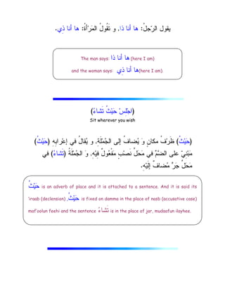 ُ
‫ل‬‫ﺠ‬
‫ﺭ‬‫ﺍﻝ‬ ‫ﻴﻘﻭل‬
:
‫ﺫ‬ ‫ﺃﻨﺎ‬ ‫ﻫﺎ‬
‫ﺍ‬
,
‫ﹸ‬
‫ﺓ‬‫ﺃ‬‫ﺭ‬
‫ﻤ‬‫ﺍﻝ‬ ُ
‫ل‬‫ﹸﻭ‬
‫ﻘ‬‫ﹶ‬‫ﺘ‬ ‫ﻭ‬
:
‫ِﻱ‬
‫ﺫ‬ ‫ﺃﻨﺎ‬ ‫ﻫﺎ‬
.
)
‫ﺱ‬ِ
‫ﻠ‬‫ﺠ‬‫ﺍ‬

‫ﺀ‬‫ﹶﺸﺎ‬‫ﺘ‬ ‫ﹸ‬
‫ﺙ‬‫ﻴ‬
‫ﺤ‬
(
Sit wherever you wish
)
‫ﹸ‬
‫ﺙ‬‫ﻴ‬
‫ﺤ‬
(
ِ
‫ﺔ‬‫ﹶ‬‫ﻠ‬‫ﻤ‬
‫ﺠ‬‫ﺍﻝ‬ ‫ﺇﻝﻰ‬ ‫ﹸ‬
‫ﻑ‬‫ﻀﺎ‬
‫ﻴ‬ 
‫ﻭ‬ ٍ
‫ﻥ‬‫ﻤﻜﺎ‬ ‫ﹸ‬
‫ﻑ‬‫ﺭ‬‫ﹶ‬‫ﻅ‬
,
ِ
‫ﻪ‬ِ
‫ﺒ‬‫ﺭﺍ‬‫ﻋ‬‫ﺇ‬ ‫ﻓﻲ‬ ُ
‫ل‬‫ﻘﺎ‬
‫ﻴ‬ ‫ﻭ‬
)
‫ﹸ‬
‫ﺙ‬‫ﻴ‬
‫ﺤ‬
(
ِ
‫ﻪ‬‫ﻴ‬ِ
‫ﻓ‬ ٌ
‫ل‬‫ﻭ‬
‫ﻌ‬‫ﹾ‬‫ﻔ‬
‫ﻤ‬ ٍ
‫ﺏ‬‫ﺼ‬‫ﹶ‬‫ﻨ‬ ‫ﱢ‬
‫ل‬
‫ﺤ‬
‫ﻤ‬ ‫ﻓﻲ‬ 
‫ﻡ‬
‫ﻀ‬‫ﺍﻝ‬ ‫ﻋﻠﻰ‬ 
‫ﻲ‬ِ
‫ﻨ‬‫ﺒ‬
‫ﻤ‬
,
‫ﹸ‬
‫ﺔ‬‫ﹶ‬‫ﻠ‬‫ﻤ‬
‫ﺠ‬‫ﺍﻝ‬ 
‫ﻭ‬
)

‫ﺀ‬‫ﹶﺸﺎ‬‫ﺘ‬
(
‫ﻓﻲ‬
ِ
‫ﻪ‬‫ﻴ‬‫ﹶ‬‫ﻝ‬‫ﺇ‬ ‫ﹲ‬
‫ﻑ‬‫ﻀﺎ‬
‫ﻤ‬ 
‫ﺭ‬
‫ﺠ‬ ‫ﱢ‬
‫ل‬
‫ﺤ‬
‫ﻤ‬
.
The man says: ‫ﺫﺍ‬ ‫ﺃﻨﺎ‬ ‫ﻫﺎ‬ (here I am)
and the woman says: ‫ِﻱ‬
‫ﺫ‬ ‫ﺃﻨﺎ‬ ‫ﻫﺎ‬(here I am).
‫ﹸ‬
‫ﺙ‬‫ﻴ‬
‫ﺤ‬ is an adverb of place and it is attached to a sentence. And it is said its
‘iraab (declension) ,‫ﹸ‬
‫ﺙ‬‫ﻴ‬
‫ﺤ‬ is fixed on damma in the place of nasb (accusative case)
maf’oolun feehi and the sentence 
‫ﺀ‬‫ﹶﺸﺎ‬‫ﺘ‬ is in the place of jar, mudaafun ilayhee.
 