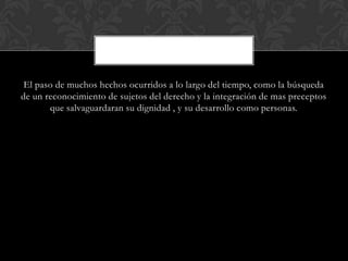 El paso de muchos hechos ocurridos a lo largo del tiempo, como la búsqueda
de un reconocimiento de sujetos del derecho y la integración de mas preceptos
que salvaguardaran su dignidad , y su desarrollo como personas.
 