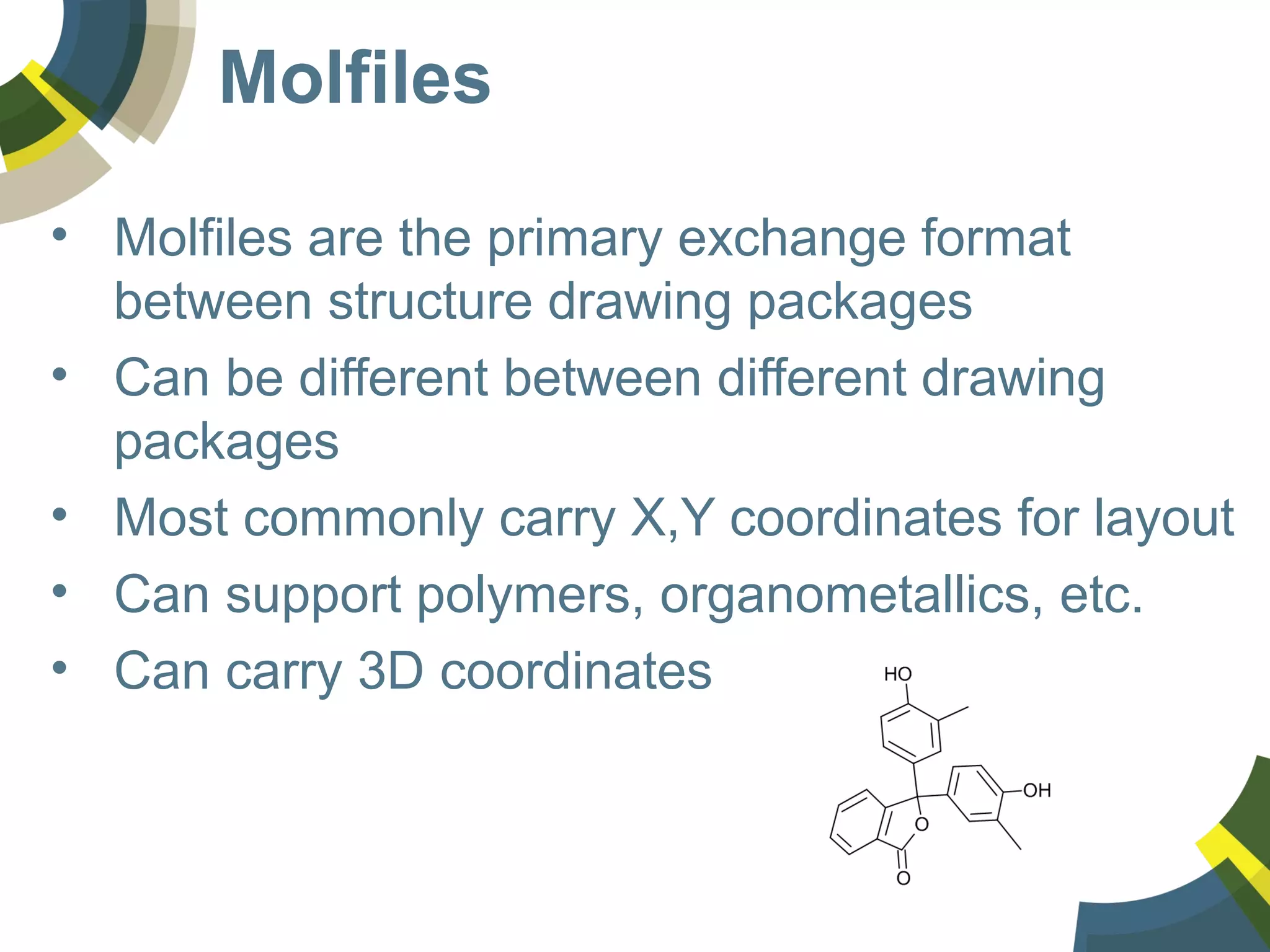 Molfiles
• Molfiles are the primary exchange format
between structure drawing packages
• Can be different between different drawing
packages
• Most commonly carry X,Y coordinates for layout
• Can support polymers, organometallics, etc.
• Can carry 3D coordinates
 