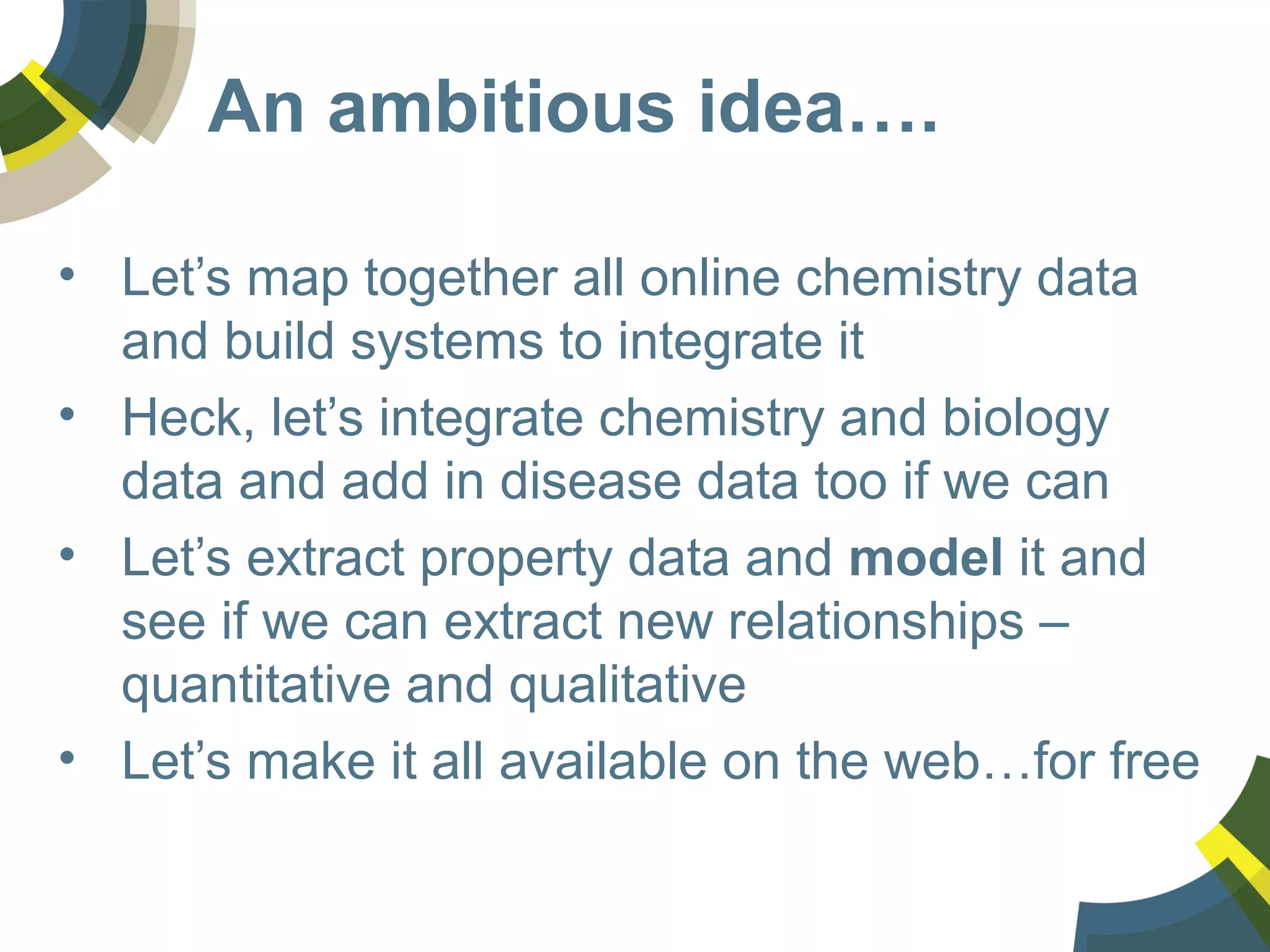 An ambitious idea….
• Let’s map together all online chemistry data
and build systems to integrate it
• Heck, let’s integrate chemistry and biology
data and add in disease data too if we can
• Let’s extract property data and model it and
see if we can extract new relationships –
quantitative and qualitative
• Let’s make it all available on the web…for free
 