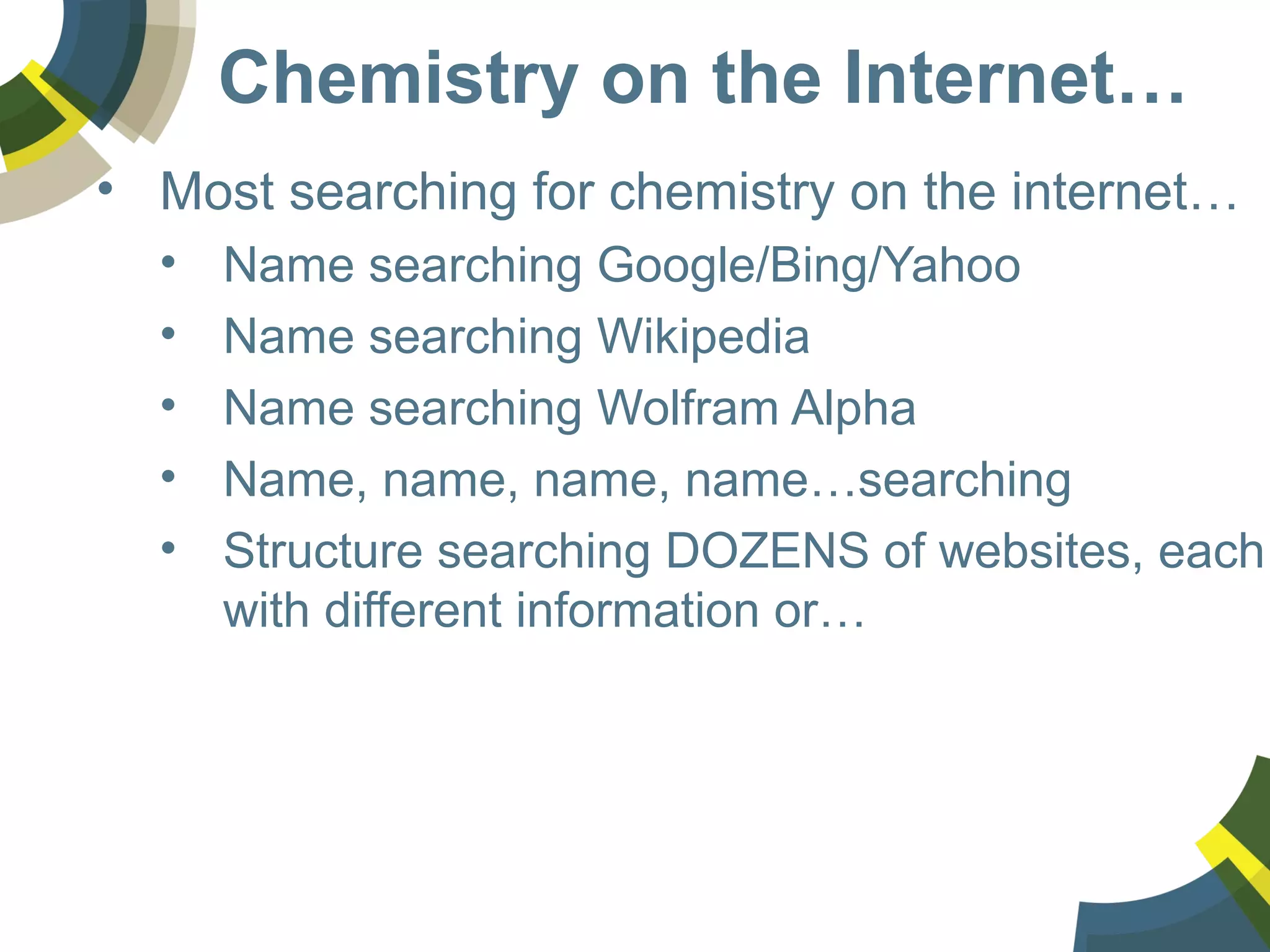 Chemistry on the Internet…
• Most searching for chemistry on the internet…
• Name searching Google/Bing/Yahoo
• Name searching Wikipedia
• Name searching Wolfram Alpha
• Name, name, name, name…searching
• Structure searching DOZENS of websites, each
with different information or…
 