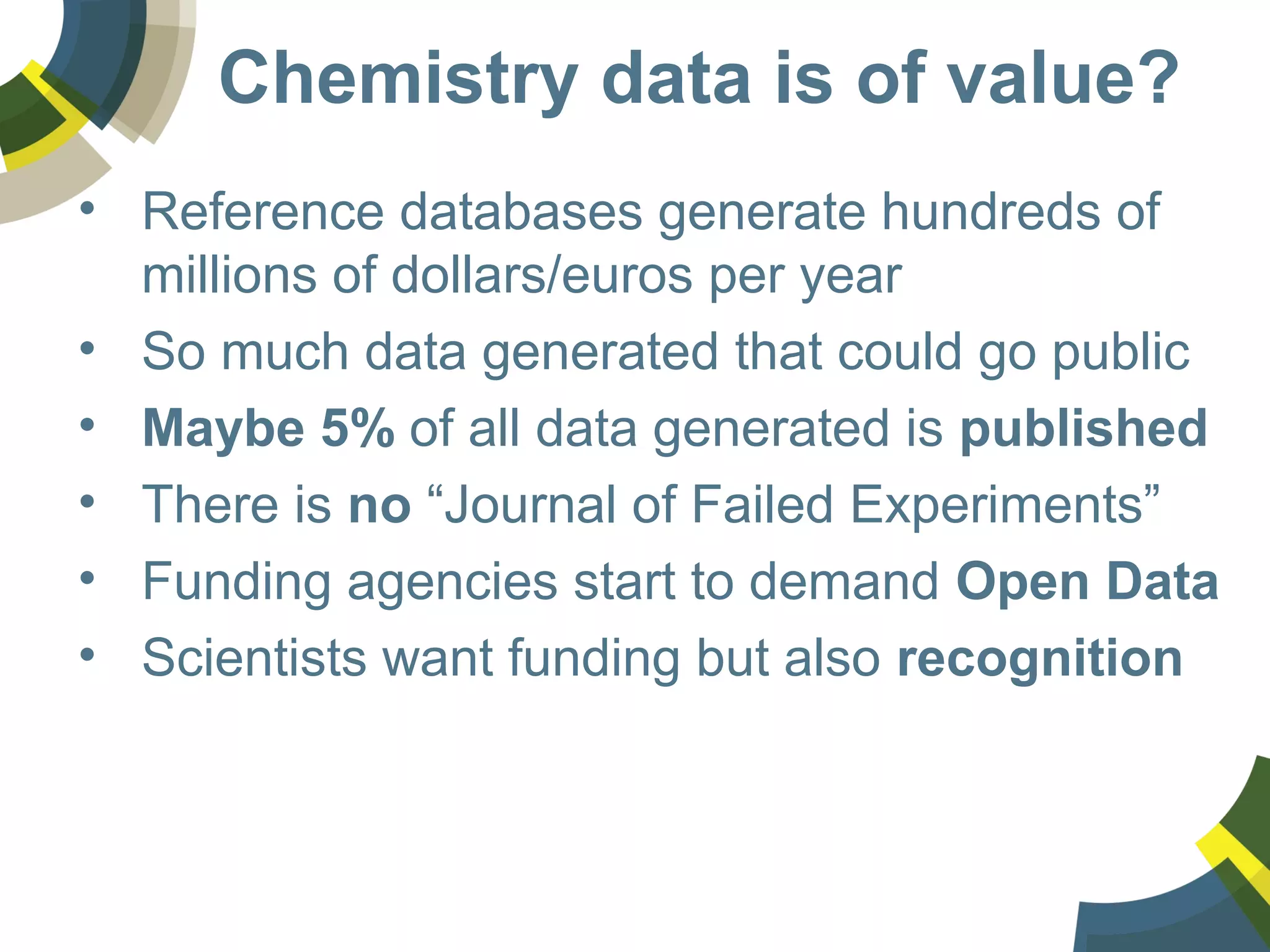 Chemistry data is of value?
• Reference databases generate hundreds of
millions of dollars/euros per year
• So much data generated that could go public
• Maybe 5% of all data generated is published
• There is no “Journal of Failed Experiments”
• Funding agencies start to demand Open Data
• Scientists want funding but also recognition
 