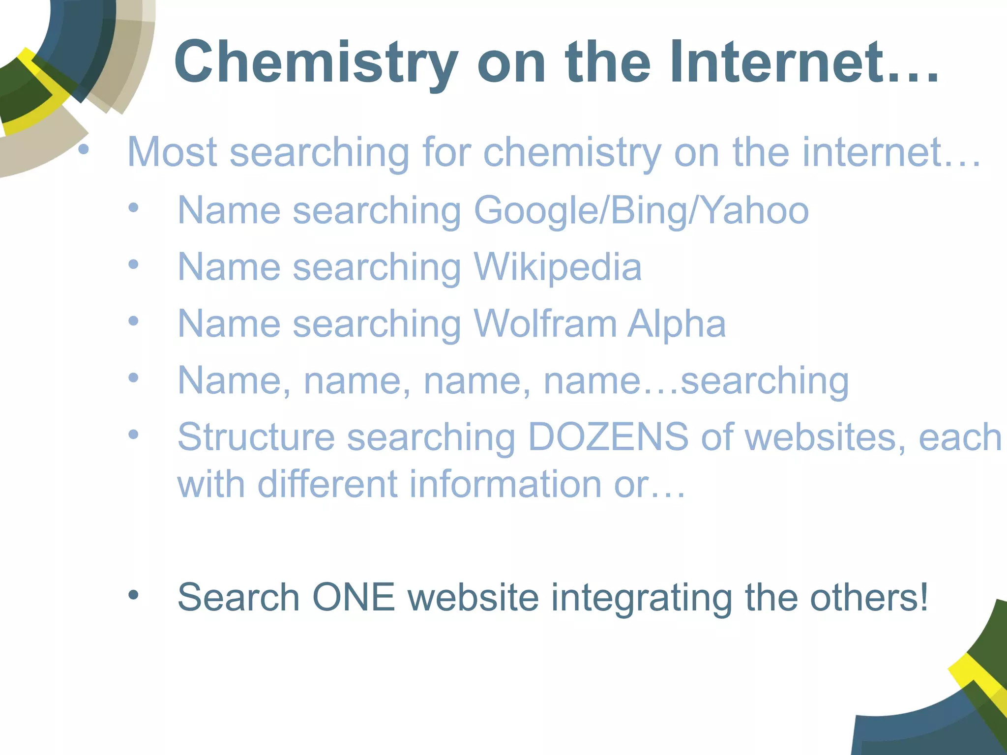 Chemistry on the Internet…
• Most searching for chemistry on the internet…
• Name searching Google/Bing/Yahoo
• Name searching Wikipedia
• Name searching Wolfram Alpha
• Name, name, name, name…searching
• Structure searching DOZENS of websites, each
with different information or…
• Search ONE website integrating the others!
 