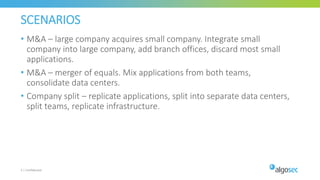 SCENARIOS
• M&A – large company acquires small company. Integrate small
company into large company, add branch offices, discard most small
applications.
• M&A – merger of equals. Mix applications from both teams,
consolidate data centers.
• Company split – replicate applications, split into separate data centers,
split teams, replicate infrastructure.
3 | Confidential
 