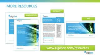 MORE RESOURCES
www.algosec.com/resources
WHITEPAPERS
PPT
DATASHEET
 