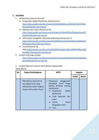 Modul Ajar Perangkat Lunak Desain DKV Fase F
11
C. ASESMEN
1. Lembar kerja asesmen formatif
● Pengenalan Adobe Photoshop: (Pertemuan 6)
https://docs.google.com/document/d/1tieZzDjiNe8Fsij-C6ZY6HT0TJFp7FhVMb
dYnv4gCd8/edit?usp=sharing
● Selection dan Layers (Pertemuan 6)
https://docs.google.com/document/d/1rb8jxUEURkdRNfFOjxTN9a8wIYt1w17P
r05Eskv9i2k/edit?usp=sharing
● Teknik dasar pengeditan foto pada photoshop (Pertemuan 7)
https://docs.google.com/document/d/1pgDNUmTcp3r76Sxd4ZPmImpAKkEch4
MDIzL7gdy3dkw/edit?usp=sharing
● Text (Pertemuan 8)
https://docs.google.com/document/d/1ZMM24J6q0ny0SUcaK8M3CdlWaLNQD
9nxJdDy772qqyA/edit?usp=sharing
2. Lembar kerja tugas proyek
https://docs.google.com/document/d/1427aTpevkjHSVNOr3A3tkDr72SpDE9kJx
EXreaR4dEQ/edit?usp=sharing
3. Lembar Observasi asesmen formatif dan tugas proyek
Nama Murid:
No Tujuan Pembelajaran KKTP Capaian
Sudah Belum
Memahami operasional
perangkat lunak yang
dibutuhkan dalam lingkup
Desain Komunikasi Visual
□ Menguasai penggunaan
perangkat lunak image
editing berbasis bitmap
diantaranya
● Pengenalan adobe
photoshop
● Tools Selection dan
Layer
● Teknik Dasar
Pengeditan Foto
● Text
 