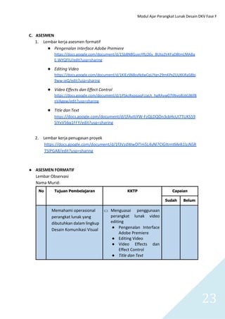 Modul Ajar Perangkat Lunak Desain DKV Fase F
23
C. ASESMEN
1. Lembar kerja asesmen formatif
● Pengenalan Interface Adobe Premiere
https://docs.google.com/document/d/15b8N8GuvcYRz26y_BUto2lrKFaD8tmLMABa
E-WYQFlU/edit?usp=sharing
● Editing Video
https://docs.google.com/document/d/1KlEzSN8svNdwCqUYgn29mKPxZULXKiRaS8bj
9ww-ieQ/edit?usp=sharing
● Video Effects dan Effect Control
https://docs.google.com/document/d/1PSkcRxpqaqFUaLh_hgRAyw07IlNvo8L6G86fB
nVAgew/edit?usp=sharing
● Title dan Text
https://docs.google.com/document/d/1fAvIIjYW-FzQLDQOn3cbHcUI7TUKS59
SlYxV56q1FFY/edit?usp=sharing
2. Lembar kerja penugasan proyek
https://docs.google.com/document/d/1f3VzdWwDlTm5L4yNl7ClGttrntMeB1lzjN5R
T5lPGA8/edit?usp=sharing
● ASESMEN FORMATIF
Lembar Observasi
Nama Murid:
No Tujuan Pembelajaran KKTP Capaian
Sudah Belum
Memahami operasional
perangkat lunak yang
dibutuhkan dalam lingkup
Desain Komunikasi Visual
□ Menguasai penggunaan
perangkat lunak video
editing
● Pengenalan Interface
Adobe Premiere
● Editing Video
● Video Effects dan
Effect Control
● Title dan Text
 