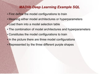 MADlib Deep Learning Example SQL
● First define the model configurations to train
● Meaning either model architectures or hyperparameters
● Load them into a model selection table
● The combination of model architectures and hyperparameters
● Constitutes the model configurations to train
● In the picture there are three model configurations
● Represented by the three different purple shapes
 