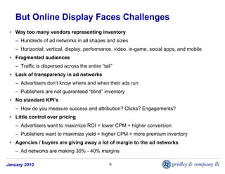 But Online Display Faces Challenges
 • Way too many vendors representing inventory
    – Hundreds of ad networks in all shapes and sizes
    – Horizontal, vertical, display, performance, video, in-game, social apps, and mobile
 • Fragmented audiences
    – Traffic is dispersed across the entire “tail”
 • Lack of transparency in ad networks
    – Advertisers don’t know where and when their ads run
    – Publishers are not guaranteed “blind” inventory
 • No standard KPI’s
    – How do you measure success and attribution? Clicks? Engagements?
 • Little control over pricing
    – Advertisers want to maximize ROI = lower CPM + higher conversion
    – Publishers want to maximize yield = higher CPM + more premium inventory
 • Agencies / buyers are giving away a lot of margin to the ad networks
    – Ad networks are making 30% - 40% margins

January 2010                                     6
 
