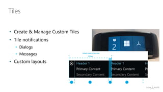 • Create & Manage Custom Tiles
• Tile notifications
• Dialogs
• Messages
• Custom layouts
Tiles
 