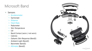 • Sensors
• Accelerometer
• Gyroscope
• Distance
• Heart Rate
• Pedometer
• Skin Temperature
• UV
• Band Contact (worn / not worn)
• Calories
• Galvanic Skin Response (Band2)
• Ambient Light (Band2)
• Barometer (Band2)
• Altimeter (Band2)
Microsoft Band
 