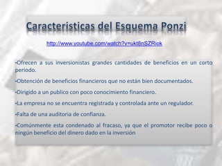 Caracteristicas del EsquemaPonzihttp://www.youtube.com/watch?v=ukt8nSZRiokOfrecen a sus inversionistas grandes cantidades de beneficios en un corto periodo.