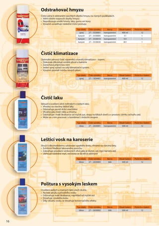 16
Typ obalu Číslo výrobku Barva Obsah balení Počet ks v balení
sprej 27 – 1834401 transparentní 400 ml 12
Typ obalu Číslo výrobku Barva Obsah balení Počet ks v balení
dóza 27 – 2650001 transparentní 500 ml 12
Čistič klimatizace
Optimální pěnový čistič výparníků a kanálů klimatizace – topení.
• Dokonale zlikviduje vzniklé plísně a bakterie
• Zanechává příjemnou vůni
• Jeden sprej vystačí na celý klimatizační systém
• Výrazně zpomalí tvorbu nových plísní
Čistič laku
Sklouží k osvěžení silně zvětralých a zašlých laků.
• Vhodný na všechny běžné laky
• Odstraňuje pevně držící znečištění
• Vhodný jako čistič niklu a chromu
• Odstraňuje i malé škrábance od myček aut, stopy na klikách dveří a v prostoru zámku od kufru atd.
• Může se s ním pracovat i v kombinaci s leštícím strojem
Lešticí vosk na karoserie
Slouží k dlouhodobému udržování vysokého lesku, vhodné na všechny laky.
• Extrémní hladkost lakovaného povrchu
• Zabraňuje působení venkovních vlivů jako je slunce, sůl, mycí kartáče atd.
• Ulehčuje následné mytí, nečistota se dá lehce odstranit
Typ obalu Číslo výrobku Barva Obsah balení Počet ks v balení
láhev 27 – 2650003 bílá 500 ml 12
ČČČČČČČČiiiiiiiisssssss
OpOpOpOOpOpOpOpOOOO tim
•••••• DDokkk
•••••• ZZZZaZZZZZ n
•••••• JJeJeJeJeJJJeJeJ deddededede
•••••• VýVýVýVýVýVýVVýVVýýrararararara
ČČČČČČČiiiiiisssssss
SkSkSkSklouž
• VhVVV od
••• OdOdOdOdOdOdOdOdststtstststst
•••••• VhVhVhVhVhVhVVVhVV ododododoododo
••• OOOdOdOdOdOdOdOOOdststsstststs
••••• MůMůMůMůMůMůMMůžžžžžžžž
LLLLLLLLeeeeeeeššššššš
SllSSSS ouououuuuuuužížížížížížížížížížží
• Exxxxxxtrtrtrtrtrtrtrtrtr
• ZaZaZZ bbbbbbbbb
••••••• UlUlUlUlUlUlUlUlUlUlUUUUU eheheeeheheheehe
Typ obalu Číslo výrobku Barva Obsah balení Počet ks v balení
láhev 27 – 2650002 bílá 500 ml 12
Politura s vysokým leskem
Osvěžení zašlých a matných laků všech druhů.
• Na bázi akrylu a přírodního vosku
• Odstraňuje malé škrábance, například od myček aut
• Dosahuje vysokého lesku
• Díky obsahu vosku se dosahuje konzervačního efektu
16
PPPPPPPPooooooollllllllll
OsOsOsOsOsOsOOsOsOsOsOOOOOOO věvěvvěvvěvěvěvěvěvěv žžžžžžžž
••• NaNaNaNaNaNaNaNaNaNNaNa bbbbbbbbbbb
• OdOddddOdddOdO sssssstssss
••••• DoDoDoDoDoDoDoDoDoDDDDDoDossssssasssss
• DíDDíDDíDíDDDíDíD kykykykykykykykykyk
Odstraňovač hmyzu
Čisticí pěna k odstranění zaschlých zbytků hmyzu na různých podkladech.
• Velmi dobře rozpouští zbytky hmyzu
• Nepoškozuje umělé hmoty, laky, gumu ani kovy
• Výrazně usnadňuje následné čisticí postupy
OOOOOOOddddddd
ČiČiČiČČiČiČČČiČČ stststststststicicicicicicicíííííí
• Velm
• NNeNN popppppp
•••••• VVVVýVýVýVýVýVýýV rarararararara
Typ obalu Číslo výrobku Barva Obsah balení Počet ks v balení
sprej 27 – 3530001 transparentní 400 ml 12
kanystr 27 – 3530005 transparentní 5 l 1
kanystr 27 – 3530010 transparentní 10 l 1
kanystr 27 – 3530030 transparentní 30 l 1
 